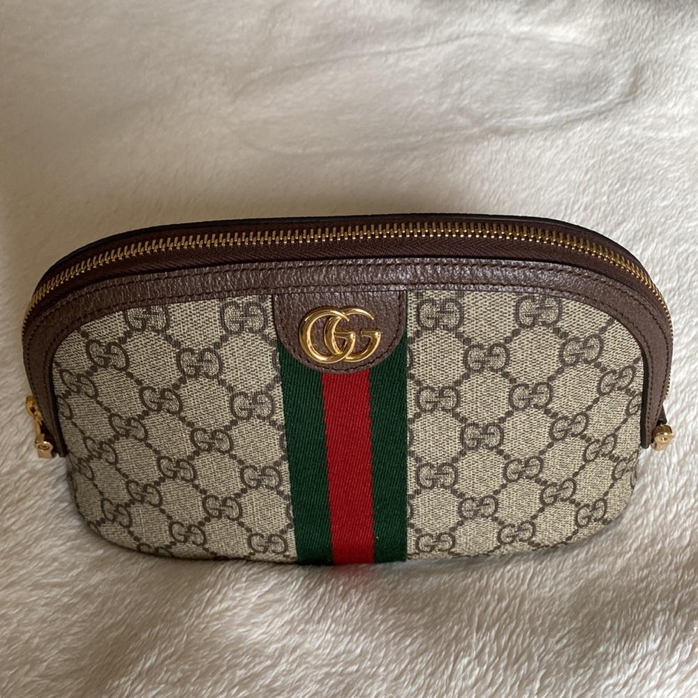 Gucci Beige and Brown Cosmetic Bag with Red and Green Stripe